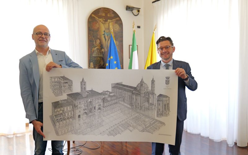 Giacomo Beverati ha realizzato un disegno di Piazza del Popolo consegnato all’Arengo