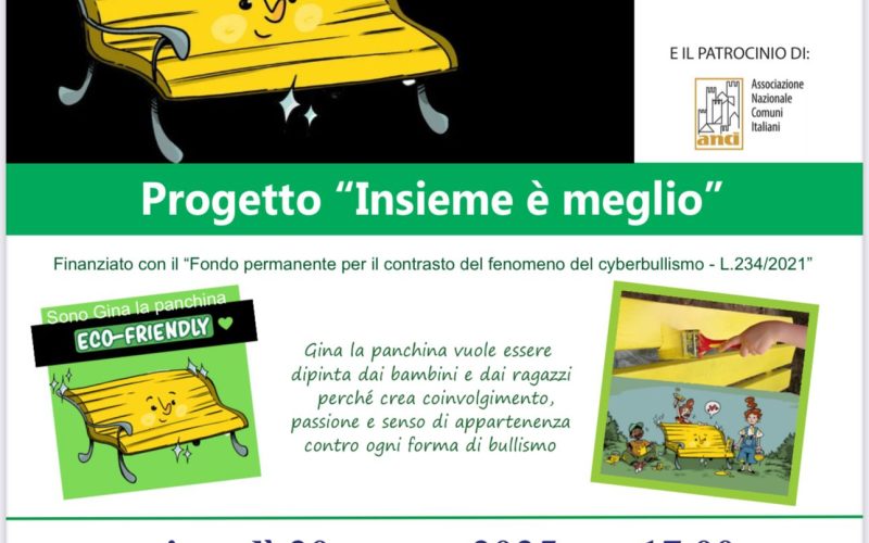 Il 20 marzo l’inaugurazione della “Panchina Gialla” contro il bullismo e il cyberbullismo