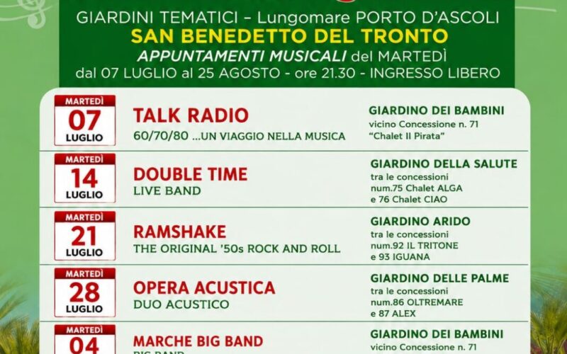 San Benedetto, torna l&rsquo;imperdibile appuntamento con &ldquo;Tra le note e i giardini&rdquo;: musica dal vivo ogni marted&igrave; sul lungomare sud