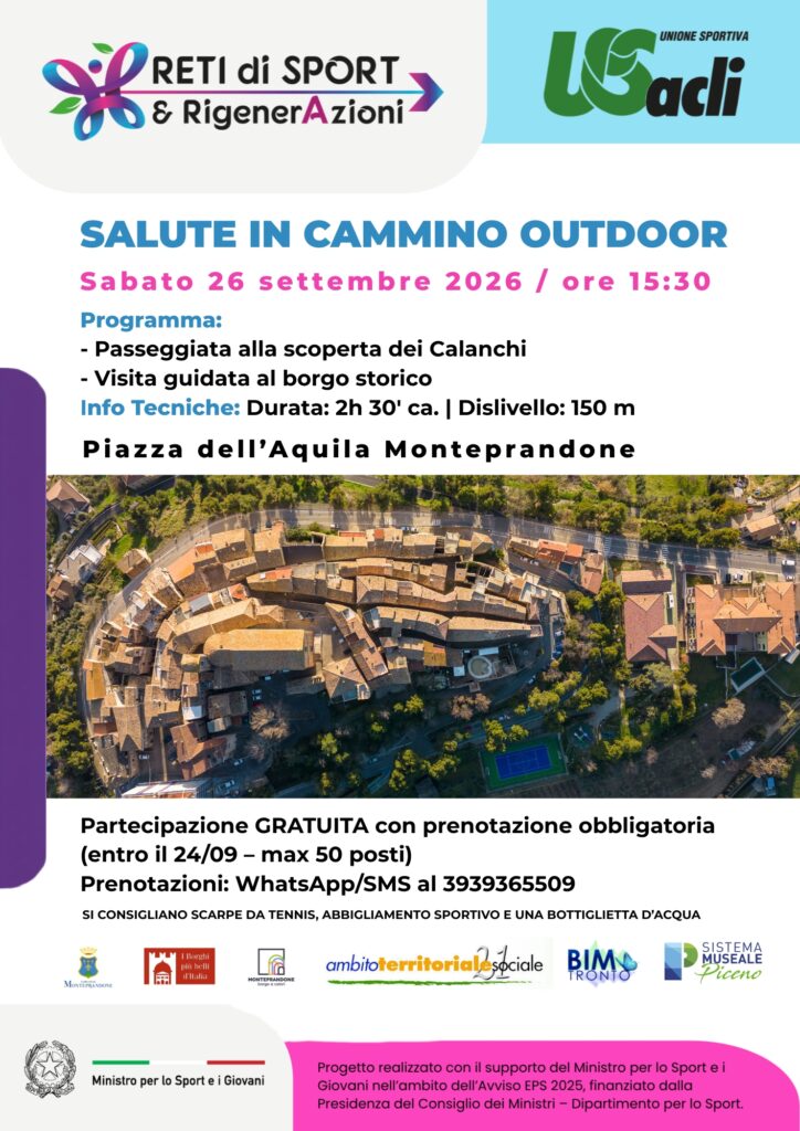 Monteprandone, arriva ‘Salute in Cammino Outdoor’ organizzato dall’Us Acli: benessere, inclusione e rigenerazione sociale attraverso attività sportive e culturali
