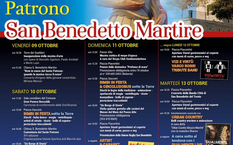 San Benedetto, torna la Festa del Patrono dal 9 al 13 ottobre tra musica, tradizione e gastronomia